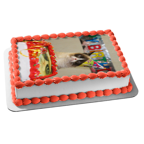 Happy Birthday Grumpy Cat Banner Edible Cake Topper Image ABPID05461