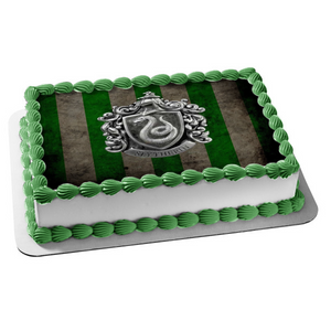 Harry Potter Slytherin Crest Green Striped Background Edible Cake Topper Image ABPID05524