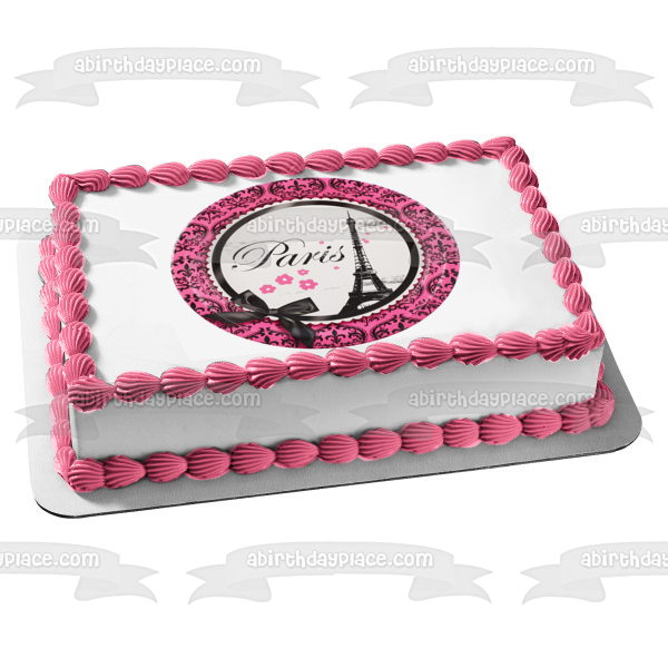 Paris Eiffel Tower Pink Background with a  Black Bow Edible Cake Topper Image ABPID05661