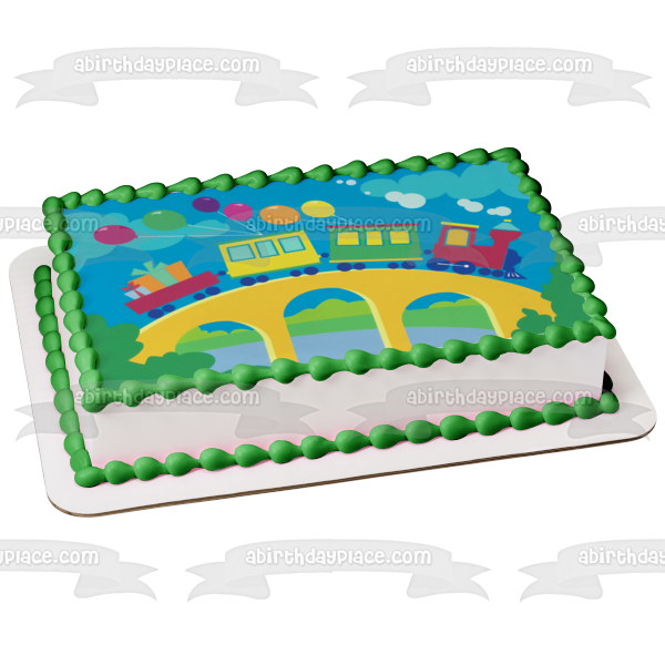 Happy Birthday Trains Balloons Clouds and Trees Edible Cake Topper Image ABPID05690