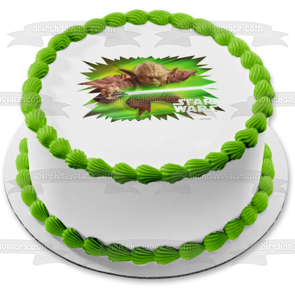 Star Wars Logo Yoda with a Green Lightsaber Edible Cake Topper Image ABPID05696