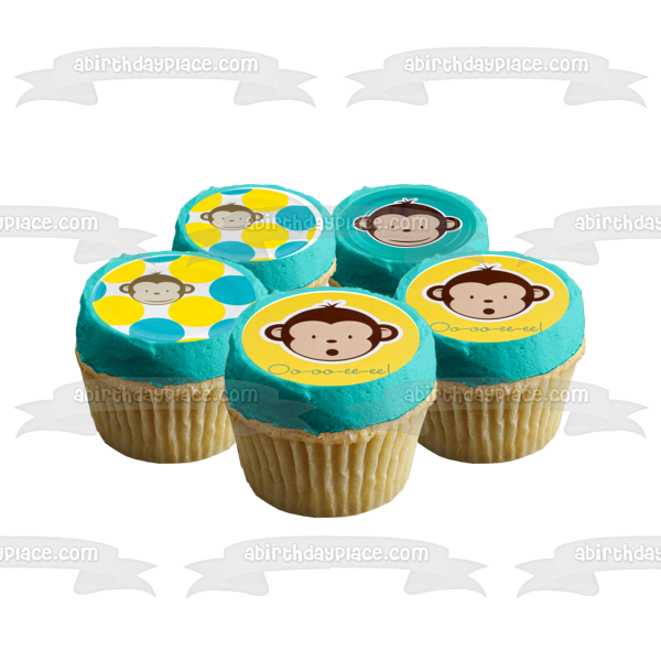 Baby Monkey Blue Yellow Backgrounds Edible Cupcake Topper Images ABPID01203