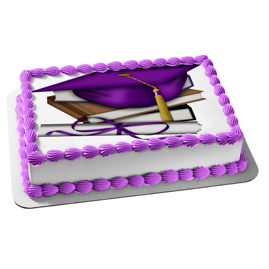 Graduation Books Purple Cap and a  Scroll Edible Cake Topper Image ABPID05798