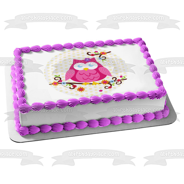 Pink Owl Flowers and a Polka Dot Background Edible Cake Topper Image ABPID05886