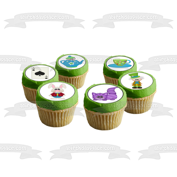 Alice In Wonderland Mad Hatter Cheshire Cat and an Ace of Spades Edible Cupcake Topper Images ABPID04145