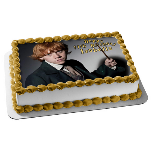 Harry Potter Ron Weasley Hogwarts Magic Wand  Happy Birthday Personalized Name Edible Cake Topper Image ABPID53592