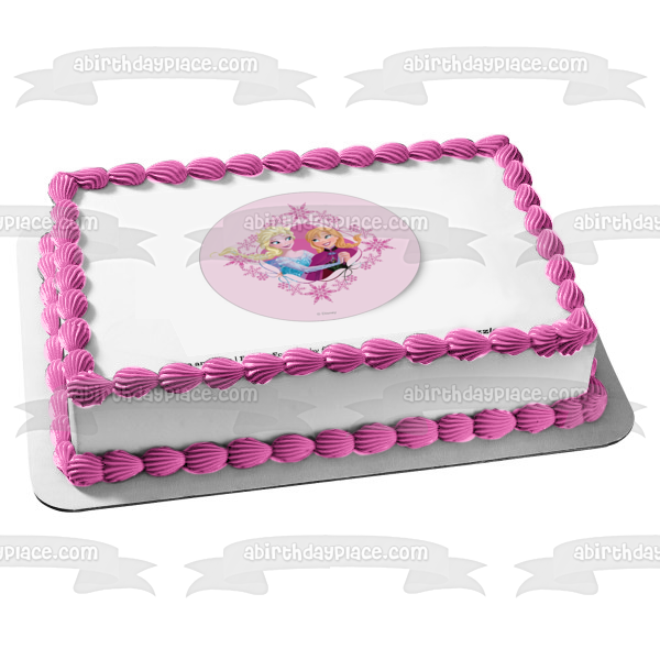Frozen Anna Elsa with a Pink Background Edible Cake Topper Image ABPID06092