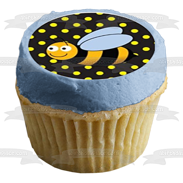 Bumble Bee Black White Yellow Polka Dots and Stripes Edible Cupcake Topper Images ABPID04592