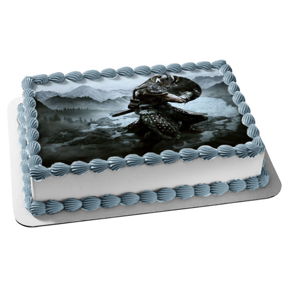 Elder Scrolls Skyrim Warrior and Mountains Edible Cake Topper Image ABPID06206