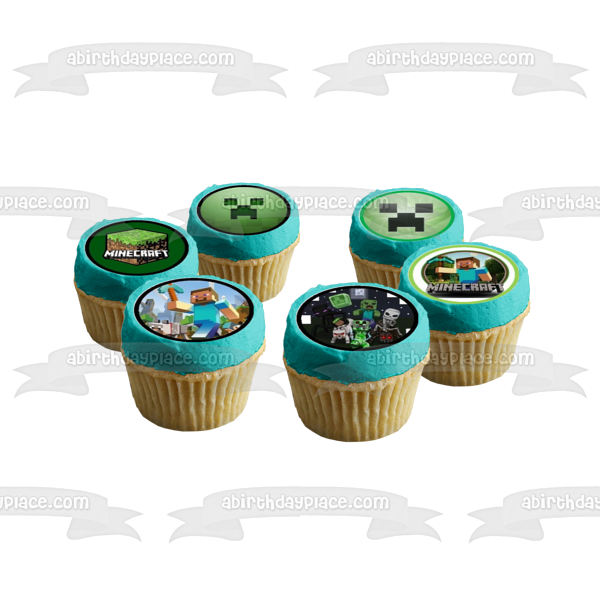 Minecraft Logo Steve Alex and Skeletons Edible Cupcake Topper Images ABPID05842