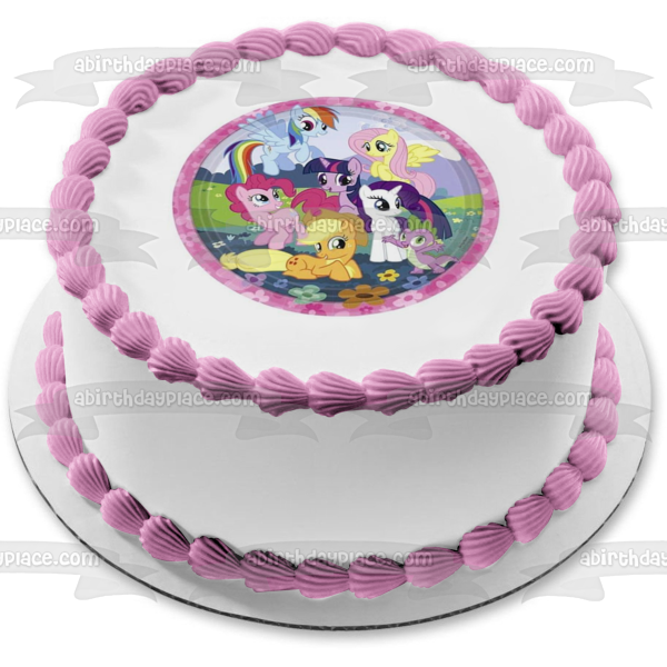 My Little Pony Equestria Girls Rainbow Dash Fluttershy Pinkie Pie and Flowers Edible Cake Topper Image ABPID06245