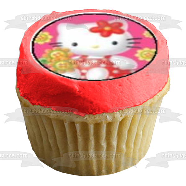 Hello Kitty Teddy Bear and Flowers Edible Cupcake Topper Images ABPID06269