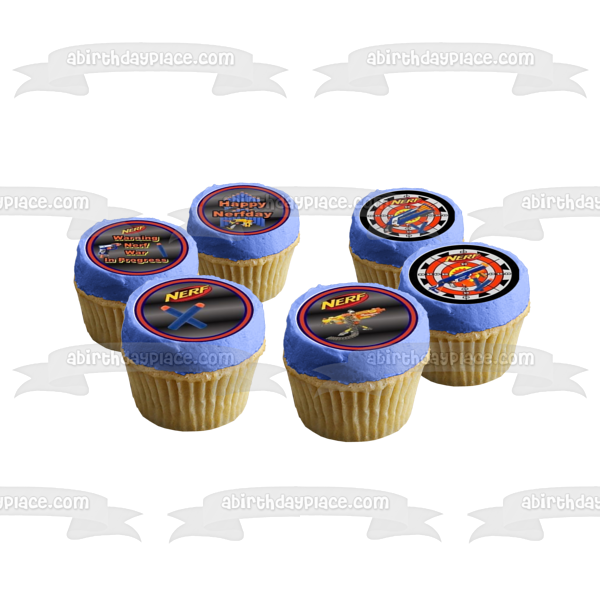 NERF Happy Birthday Nerfday Guns and Darts Edible Cupcake Topper Image