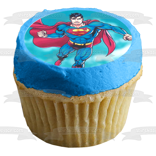 Superman Logo Flying with a Blue Background Edible Cupcake Topper Images ABPID07963