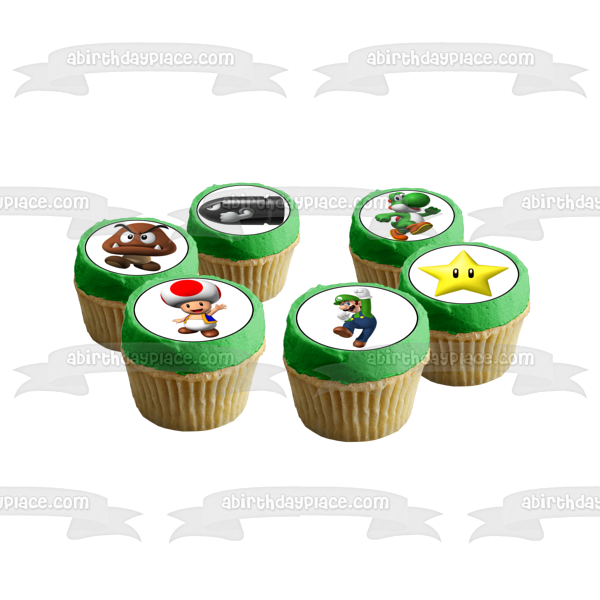 Super Mario Brothers Luigi Yoshi Toad Starman 1-up Mushroom Cheep Cheeps Edible Cupcake Topper Images ABPID08946