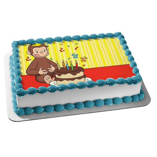 Curious George Happy Birthday Cake Hat Streamers Edible Cake Topper Image ABPID06322
