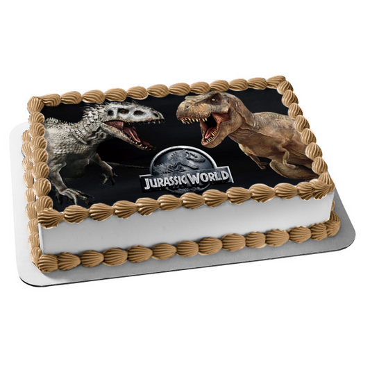 Jurassic World Logo Indominus Rex and Tyrannosaurus Rex Dinosaurs Edible Cake Topper Image ABPID01695