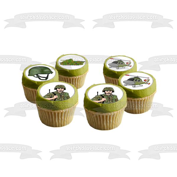 Cartoon Army Soldier Helicopter Emblem Tank Helmet Badge Edible Cupcake Topper Images ABPID00959