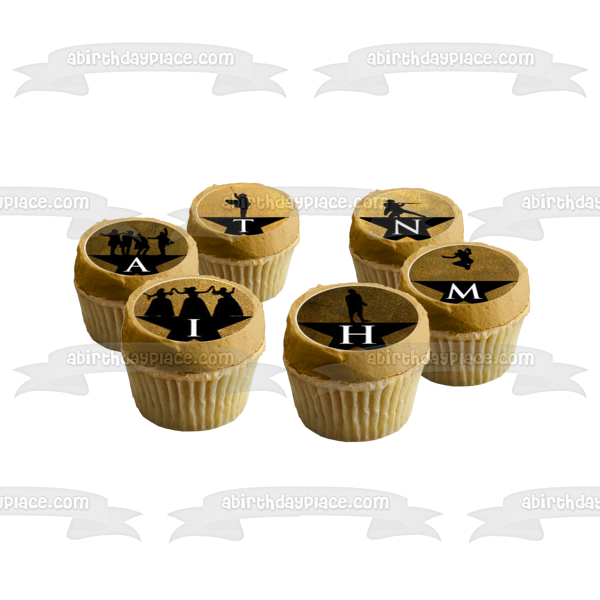 Hamilton Musical Character Silhouettes Gold Background Edible Cupcake Topper Images ABPID14842