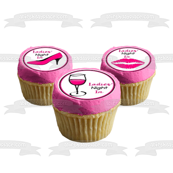 Ladies' Night In Pink High Heel Stiletto Kiss Lips Pink Wine Glass Edible Cupcake Topper Images ABPID50869