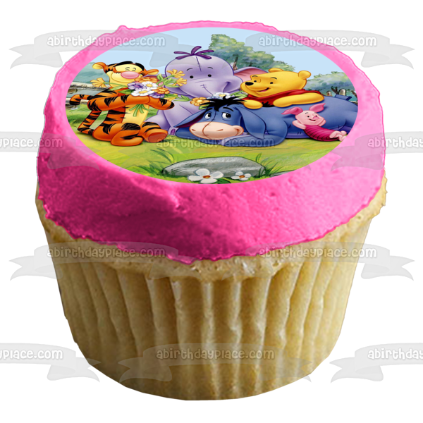 Winnie the Pooh Eeyore Piglet Tigger Heffalump Laying on the Grass Flowers Edible Cake Topper Image ABPID00376