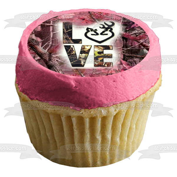 Pink Camouflage Trees Leaves Camo Love Buck and Doe Head Heart Edible Cake Topper Image ABPID00389