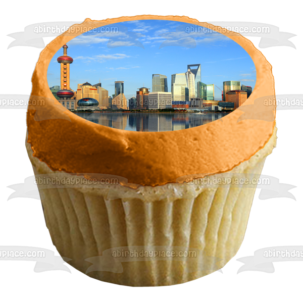 Shanghai China Skyline City Water Cityscape Edible Cake Topper Image ABPID00493