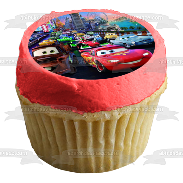 Cars Lightening McQueen Race Track Mater Sally Filmore and Luigi Racing Together Edible Cake Topper Image ABPID00528