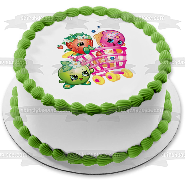 Shopkins Shopping Cart D'Lish Donut Strawberry Kiss and Apple Blossom Edible Cake Topper Image ABPID01316