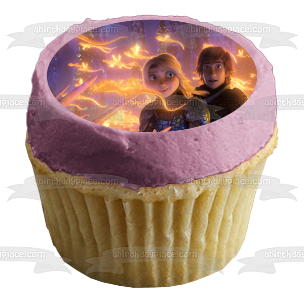 How to Train Your Dragon Hiccup Astrid and Glowing Dragons Edible Cake Topper Image ABPID01216