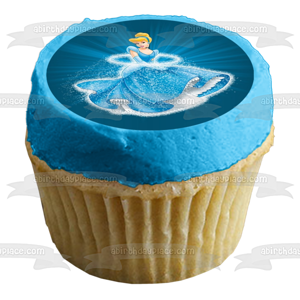 Cinderella Ball Gown Blue Background Edible Cake Topper Image ABPID01260