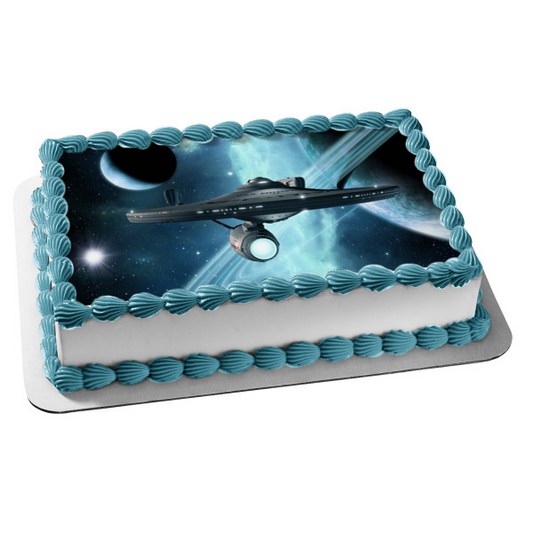 Star Trek USS Enterprise with a Galaxy Background Edible Cake Topper Image ABPID06742