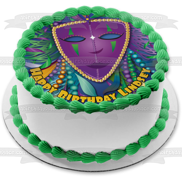 Mardi Gras Mask Beads Feathers Edible Cake Topper Image ABPID13468