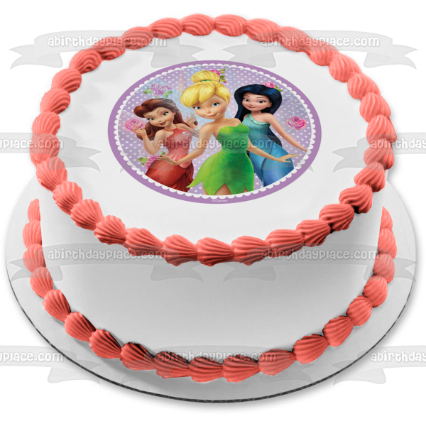 Disney Tinkerbell Fairies Silvermist Fawn Purple and White Polka Dot Background Edible Cake Topper Image ABPID21834