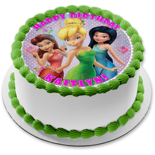 Disney Tinkerbell Fairies Silvermist Fawn Purple and White Polka Dot Background Edible Cake Topper Image ABPID21834