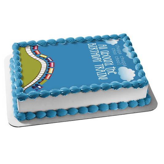 Todos a bordo del tren de cumpleaños, ferrocarril, colina, nubes, decoración comestible para tarta, imagen ABPID53599 