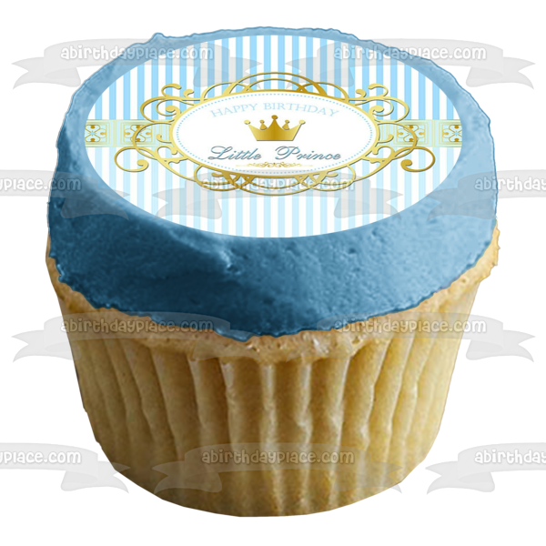 Happy Birthday Little Prince Gold Crown Blue and White Striped Background Edible Cake Topper Image ABPID01393