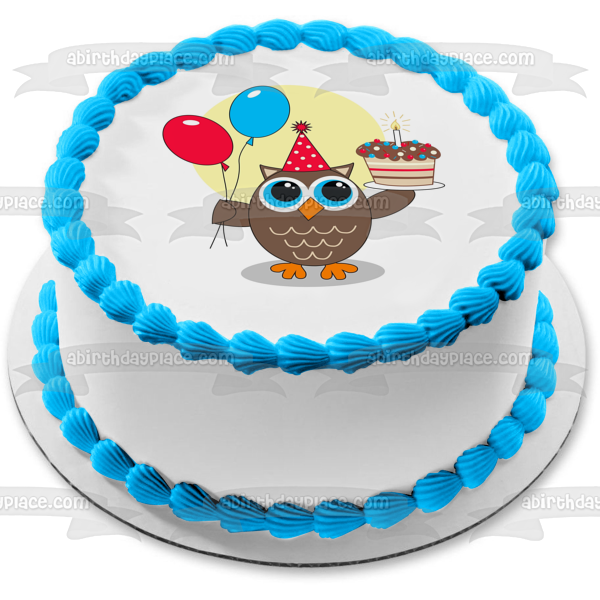 Owl Happy Birthday Cake Party Hat Balloons Edible Cake Topper Image ABPID01394