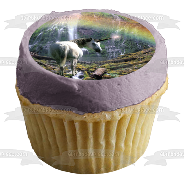 White Unicorn Rainbow Waterfall and Trees Edible Cake Topper Image ABPID01474