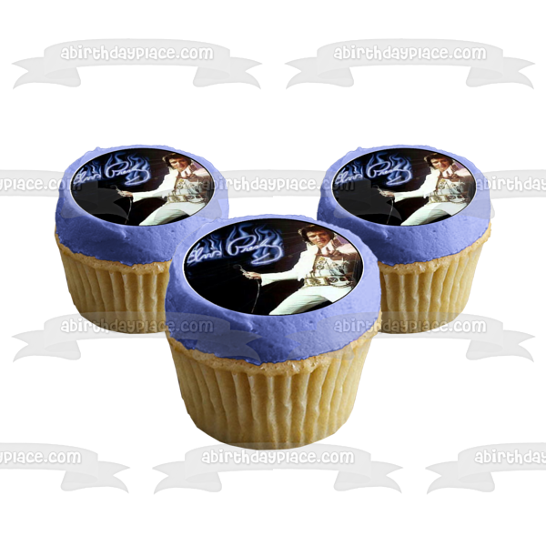 Elvis Presley the King Microphone Music with a Black Background Edible Cupcake Topper Images ABPID01759