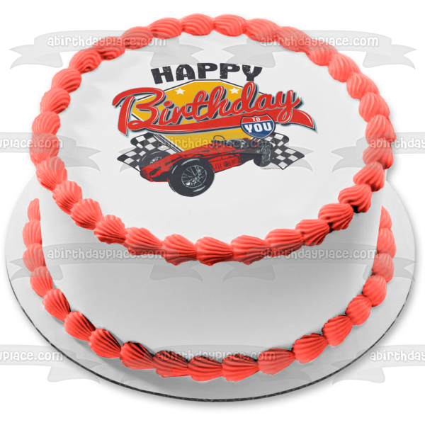 Happy Birthday Race Car and Checkered Flags Edible Cake Topper Image ABPID03185
