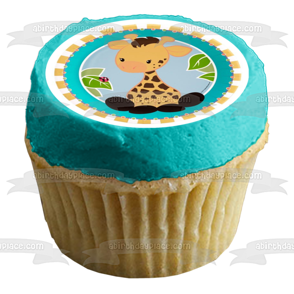 Baby Giraffe with a Ladybug on a Leaf Edible Cake Topper Image ABPID05422