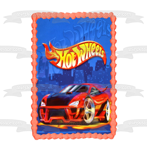Hot Wheels Logo Red Sports Car Blue Background Edible Cake Topper Image ABPID49840