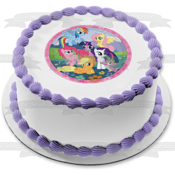 My Little Pony Rainbow Dash Fluttershy Pinkie Pie and  Flowers Edible Cake Topper Image ABPID03777