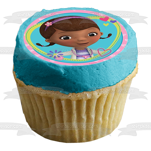 Doc McStuffins Hearts Flowers and a Stethoscope Edible Cake Topper Image ABPID05694