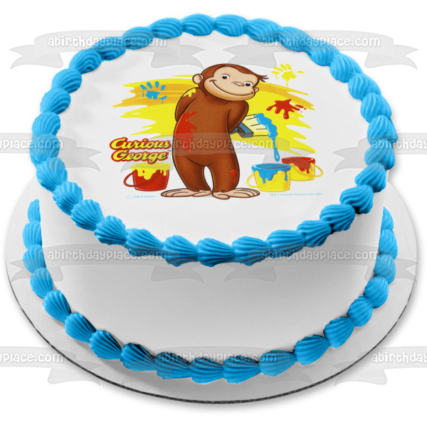 Curious George with Paint Buckets Edible Cake Topper Image ABPID03822