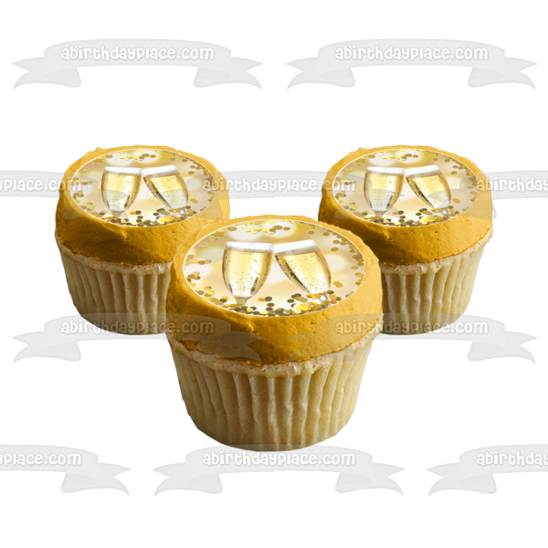 Happy New Year Celebration Champagne Flute Gold Bokah Edible Cupcake Topper Images ABPID50766