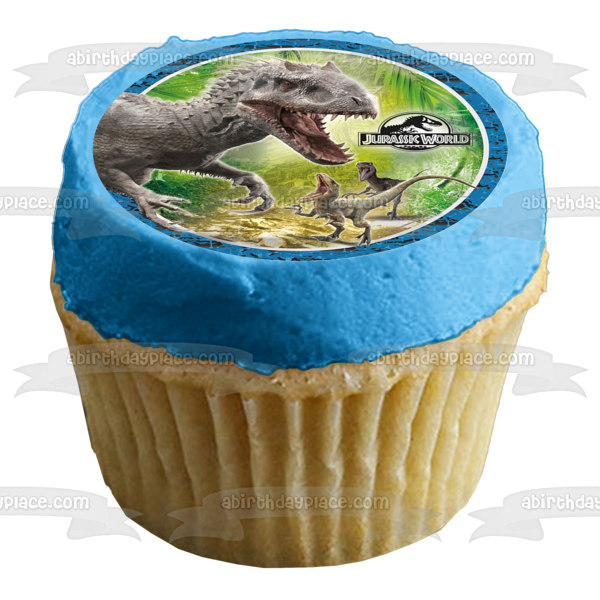 Jurrasic World Tyrannosaurus Rex and Velociraptors Edible Cake Topper Image ABPID06036
