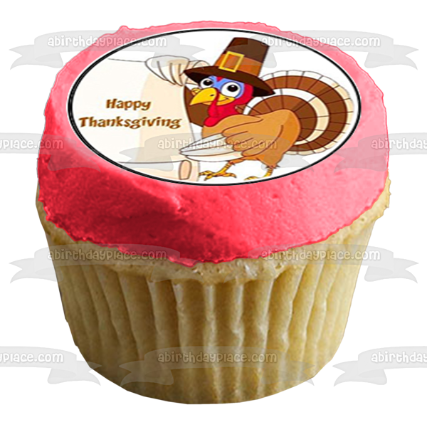 Happy Thanksgiving Turkey Pilgrim Hat Edible Cupcake Topper Images ABPID00131
