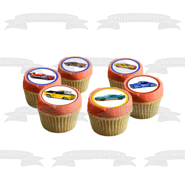 Hot Wheels Race Cars with a Checkered Background Edible Cupcake Topper Images ABPID01666